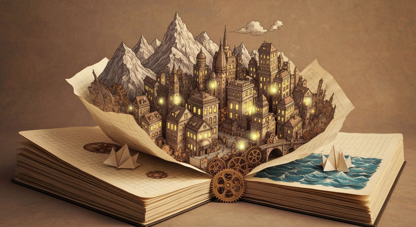 Steampunk Pop-Up Book City with Origami Ocean