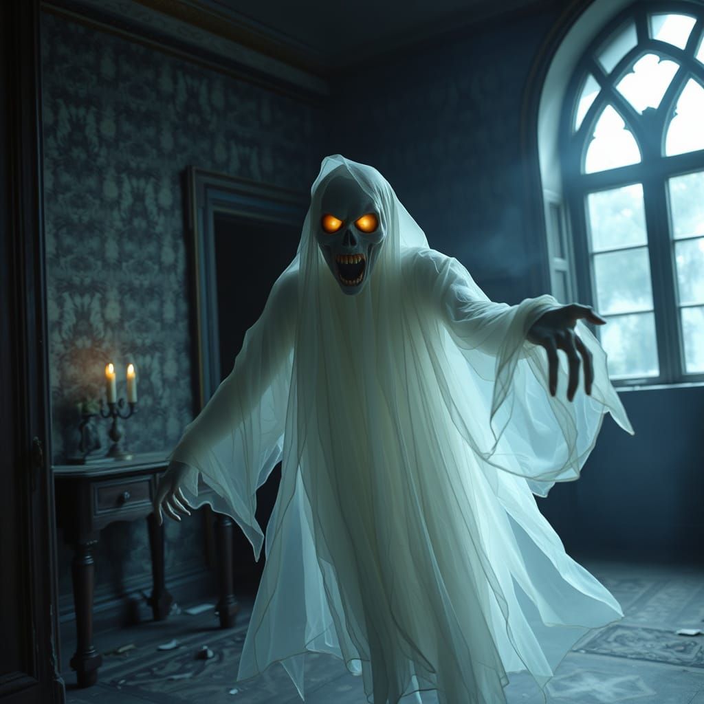 Ghostly Specter Haunts Abandoned Mansion