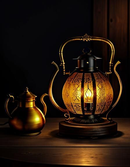 Imagine a tarnished bronze oil lamp with an intricate spout and a curvaceous handle, resting on a weathered wooden table...