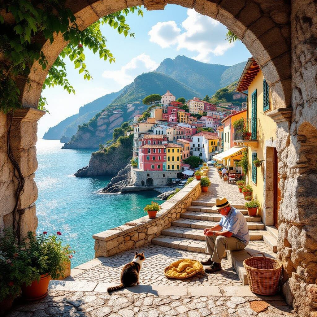 Pastel Italian Village Overlooking Turquoise Bay in Warm Sun...