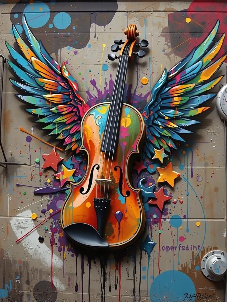 Winged Violin in Graffiti Art Style