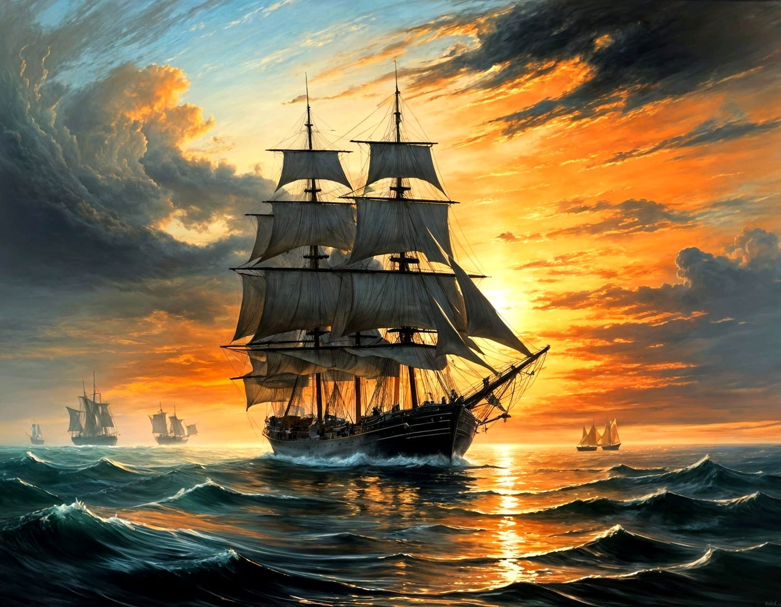 Sailing Ship Silhouetted at Sunset in Maritime Painting Styl...