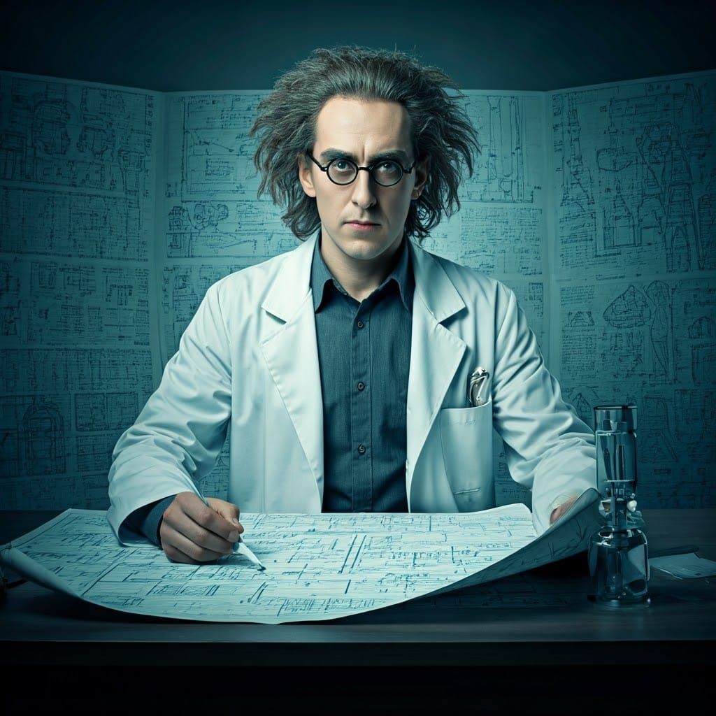 Eccentric Inventor Surrounded by Blueprints in a Futuristic ...