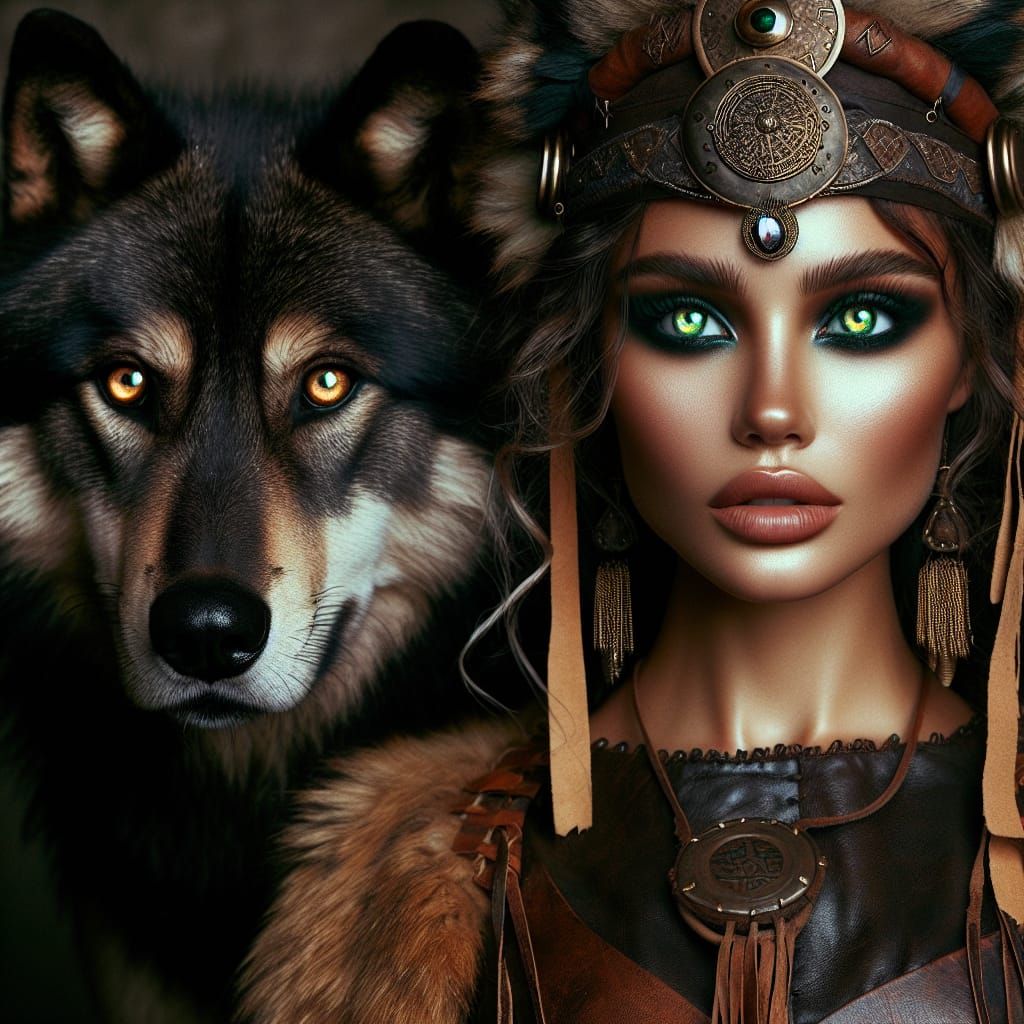Bronzed Shield Maiden with Wolf in Viking Costume