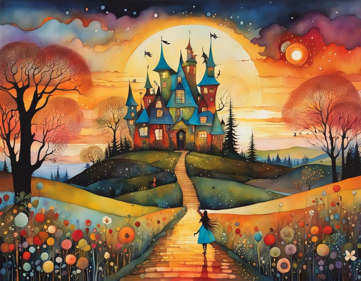 Magical Whimsical Landscape in Alcohol Ink Style