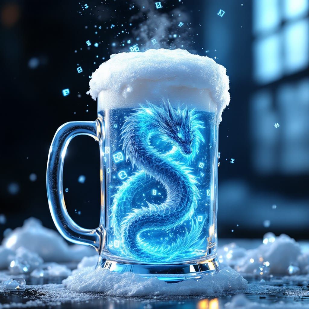 Icy Blue Beer with Ice Dragon in 3D Style