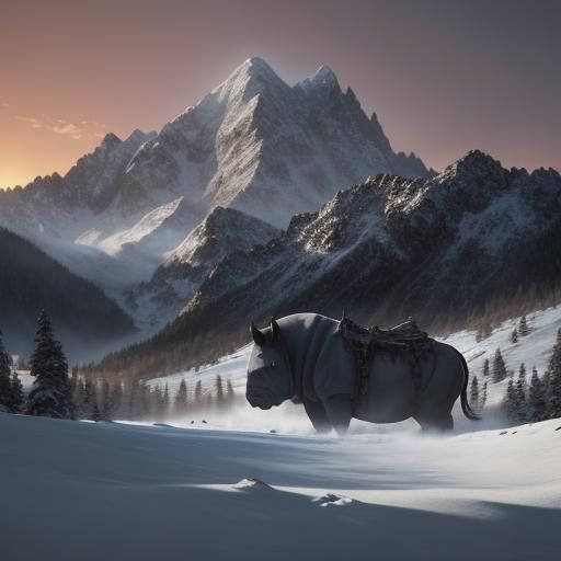 Woolly Rhinoceros in Snowy Landscape as Digital Painting