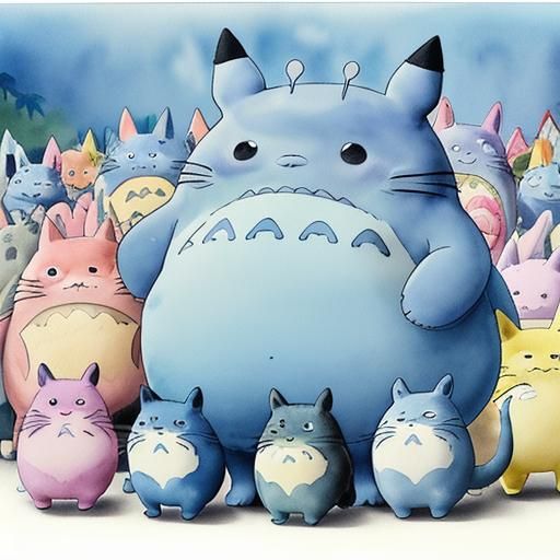 Totoro-esque Cats in Watercolor Ghibli Comic Style