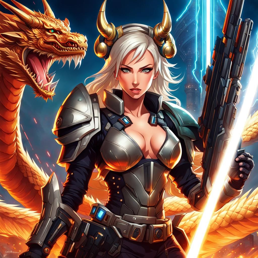 Anime Woman Warrior Riding Missile Dragon