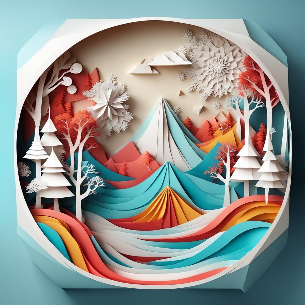 Winter Wonderland Origami Diorama in Ukiyo-e Style