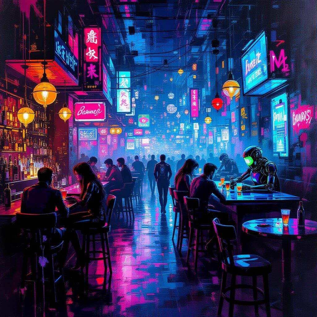 Magic Cyberpunk Bar with Androids in Neon Light