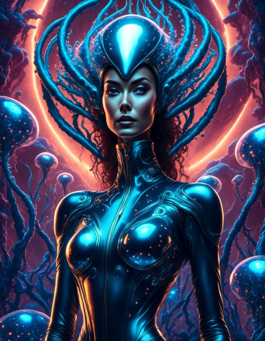 Smiling Woman on Alien World with Bioluminescent Flora