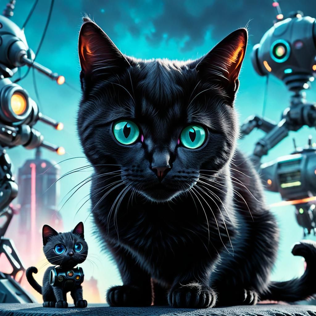 Small Black Cat and Big Robot in Pastel