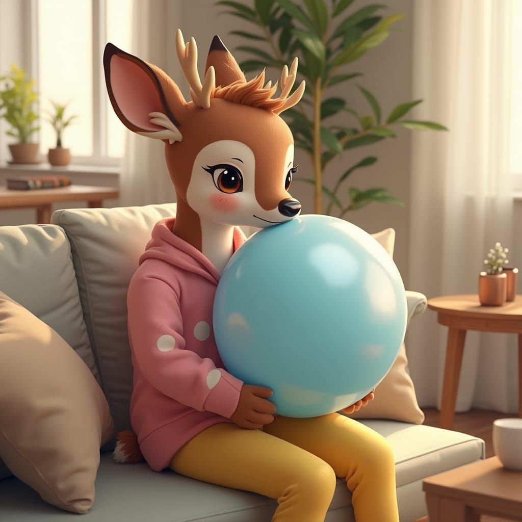 Semi-Realistic Deer Girl on Sofa in Whimsical Style