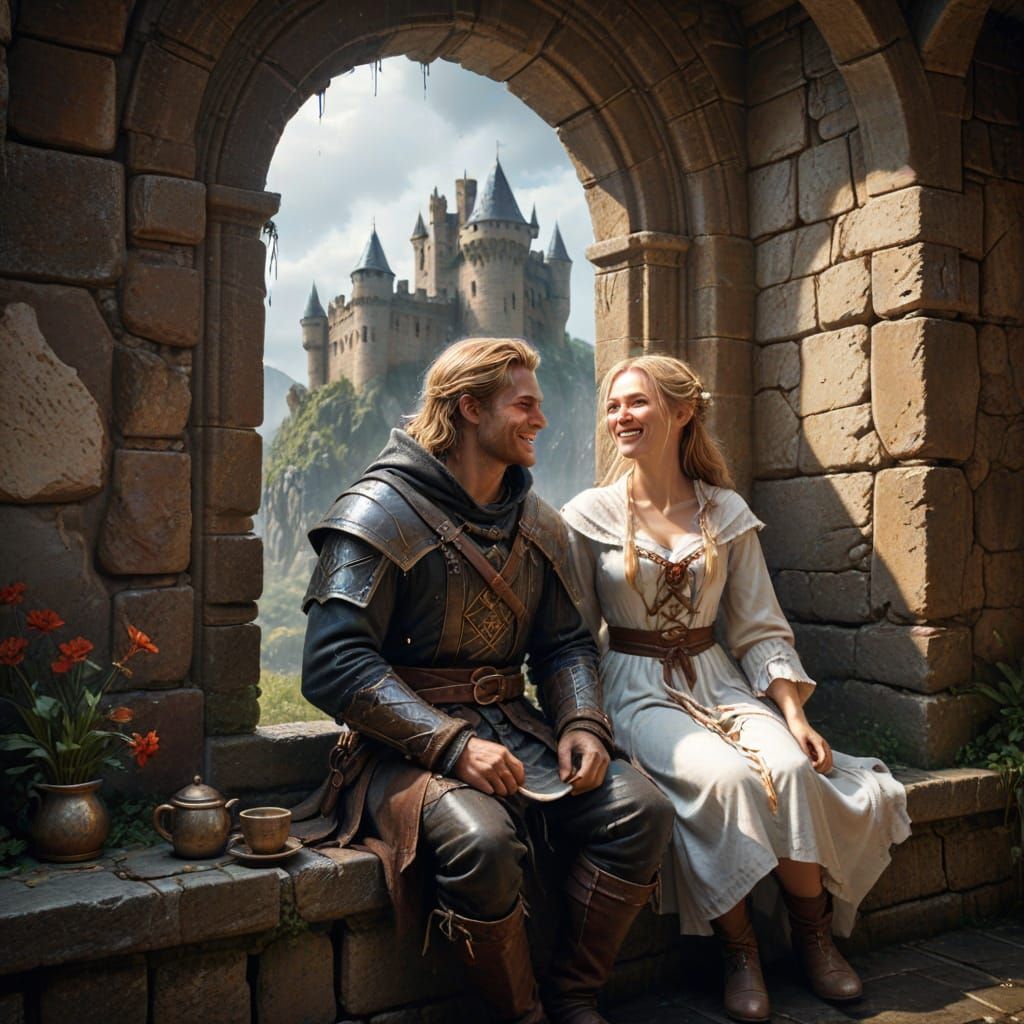 Medieval Lovers Laughing in Castle Window