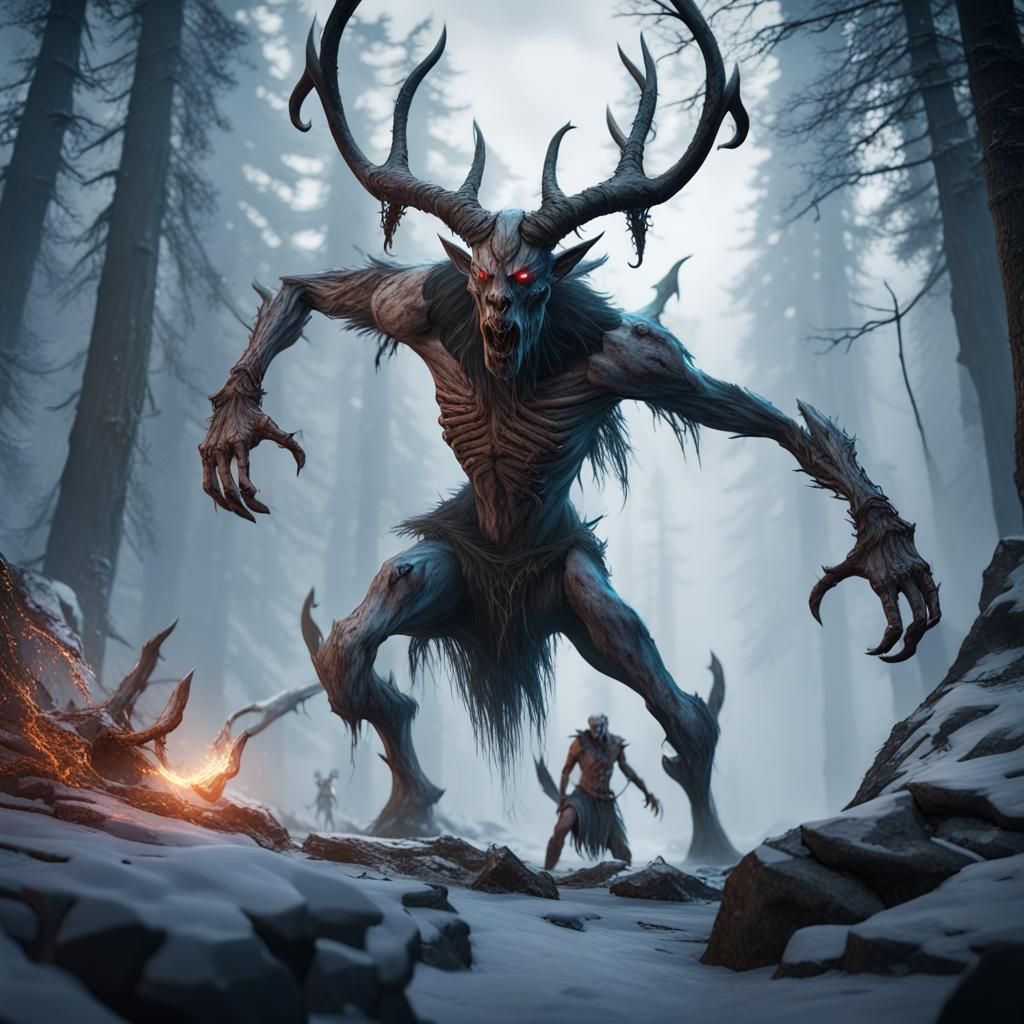 Wendigo Battles Draugr in Detailed Matte Painting