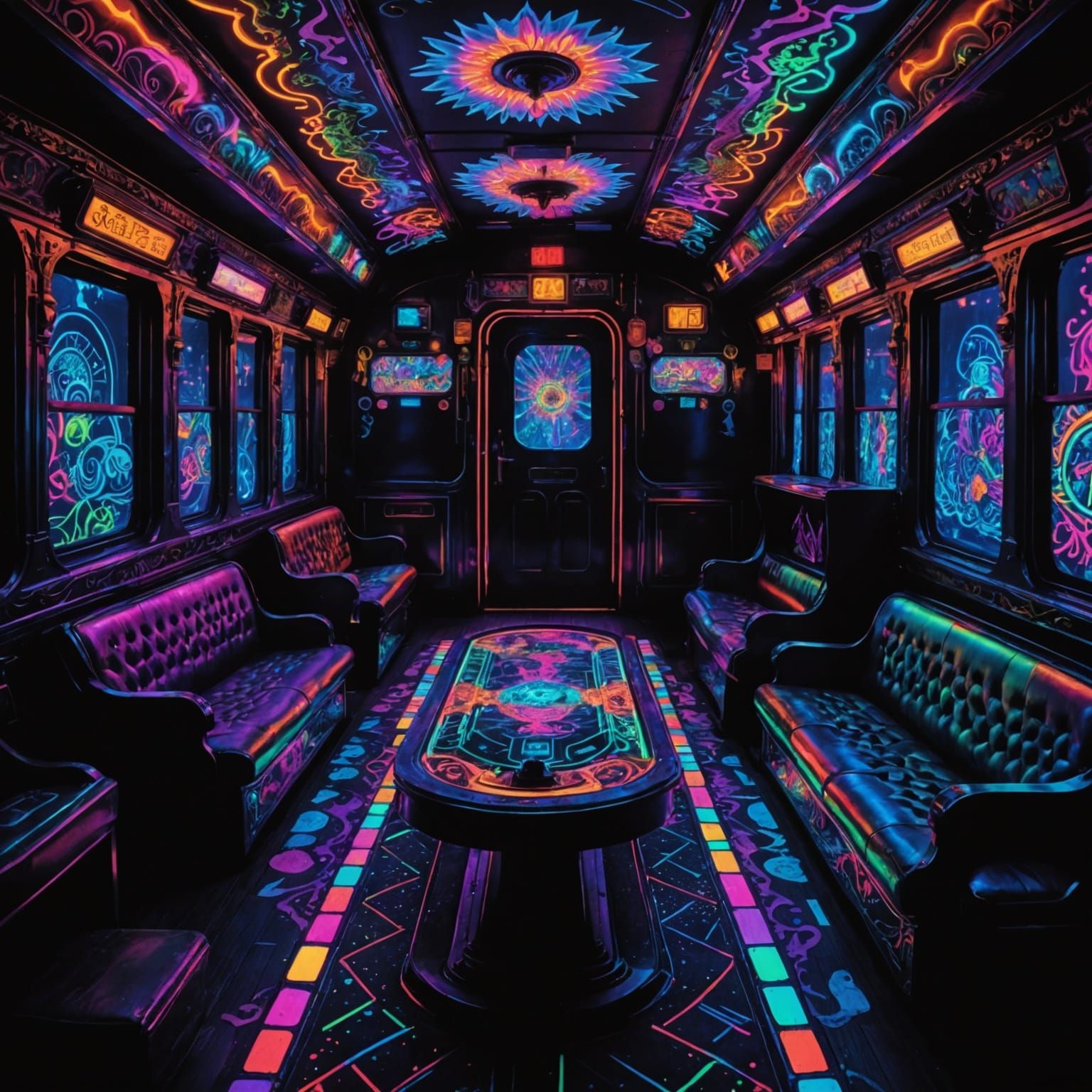 Psychedelic Train Aglow in Neon Black Light