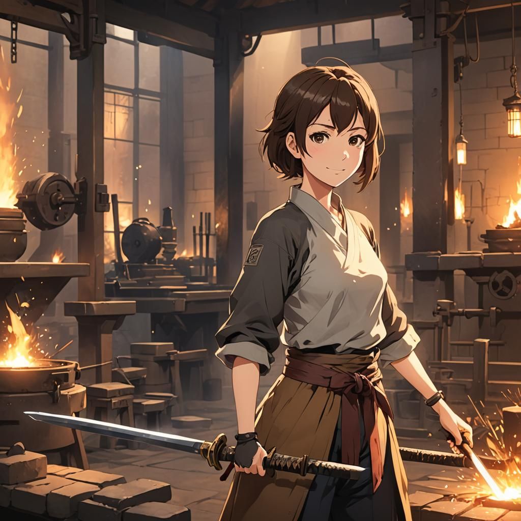 Anime Swordsmith with Katana in Watercolor Style