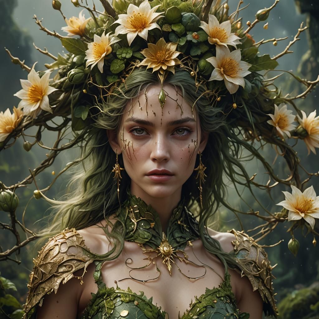 Female Flower Hybrid Portrait in Digital Painting Style