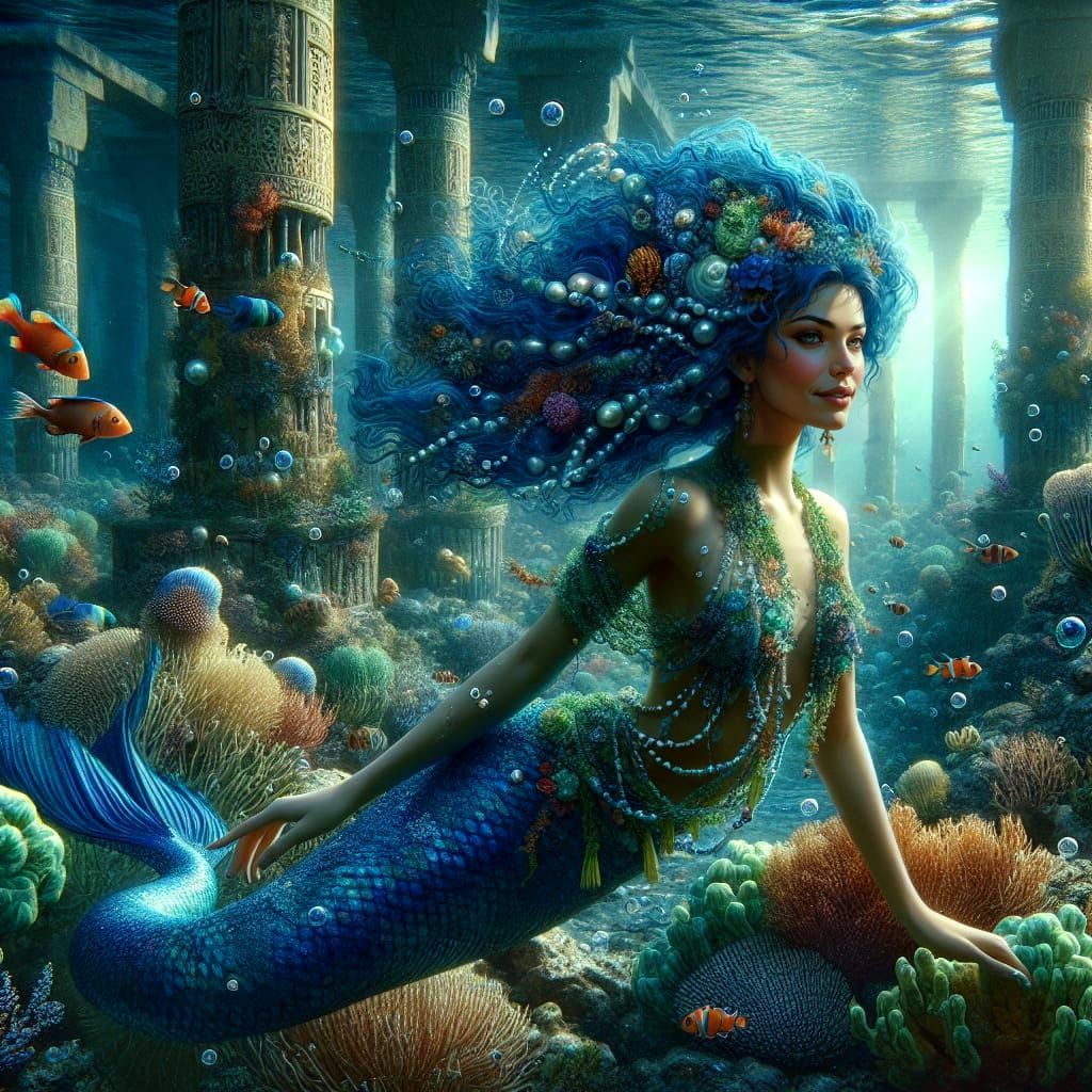 Blue-Haired Mermaid in Underwater Persian City