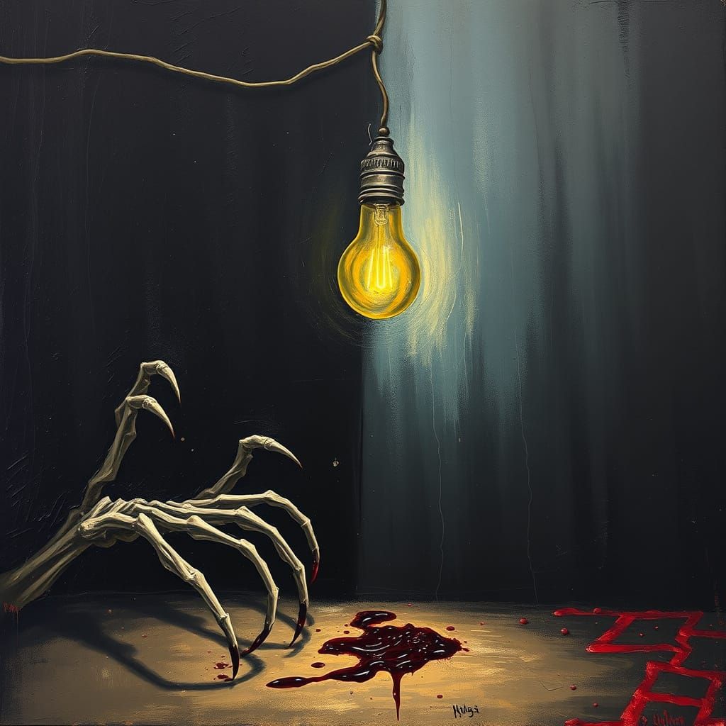 Abstract Expressionist Painting of Decaying Light Bulb and G...