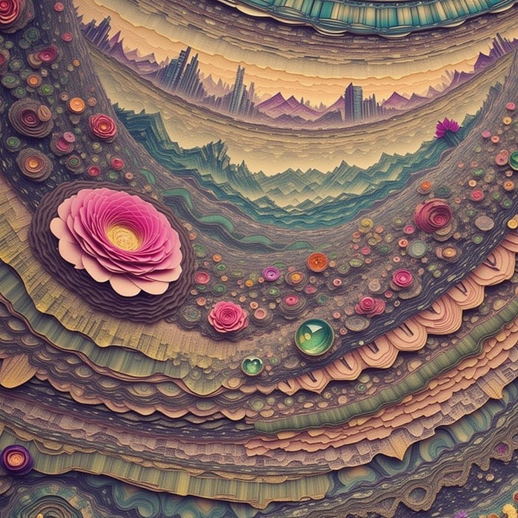 Roses and Rockscape in Mixed Media Style