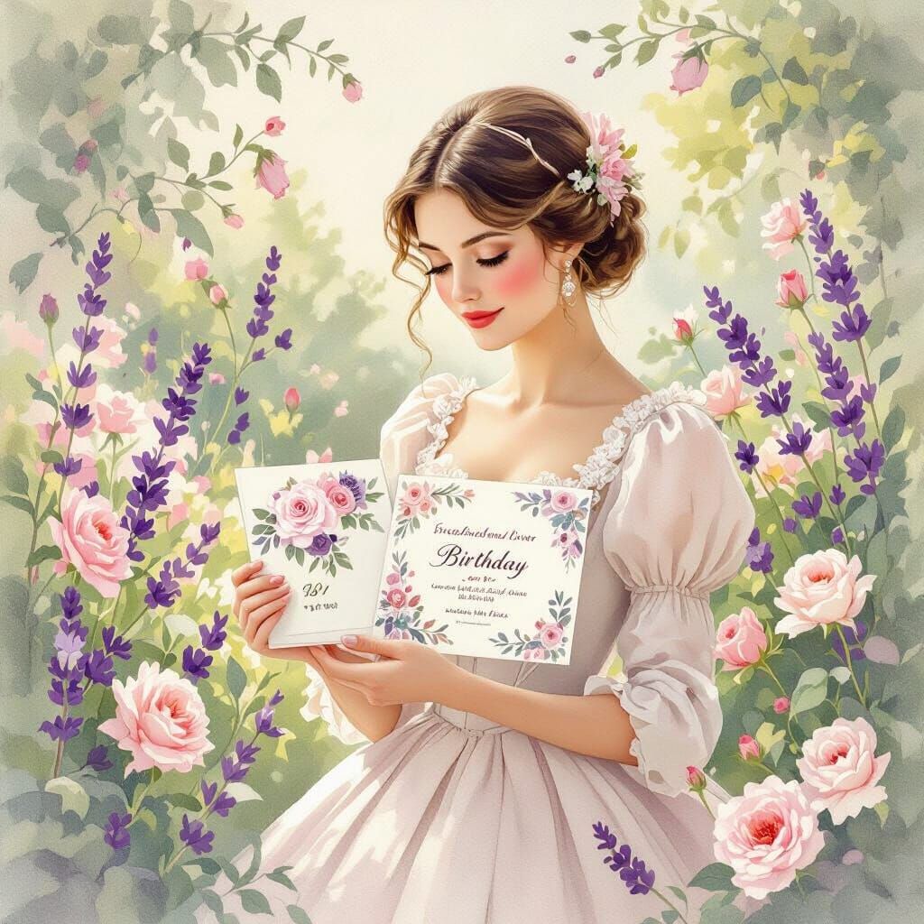 Elegant Woman in Garden Holding Birthday Invitation