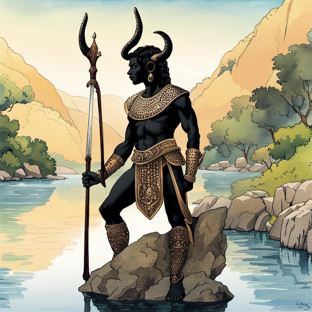 Satyr Warrior in Pointillist Ink and Watercolor