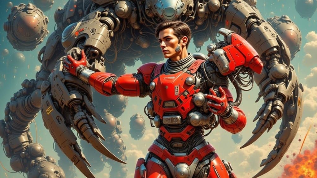 Vintage Sci-Fi Man with Mechanical Arm in Futuristic Spacesu...