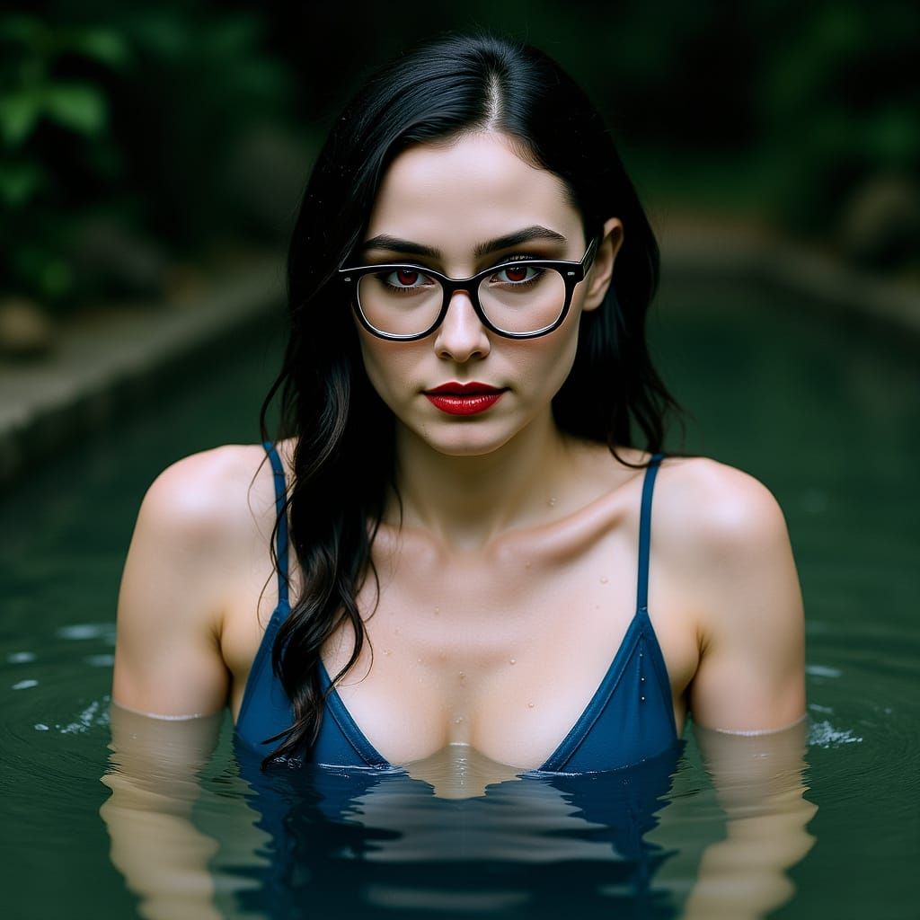 Stunning Woman in Blue Swimsuit with Red Eyes