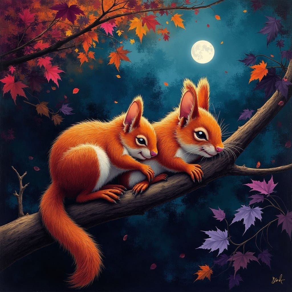 Autumn Nighttime Scene with Sleeping Squirrels in a Vibrant ...