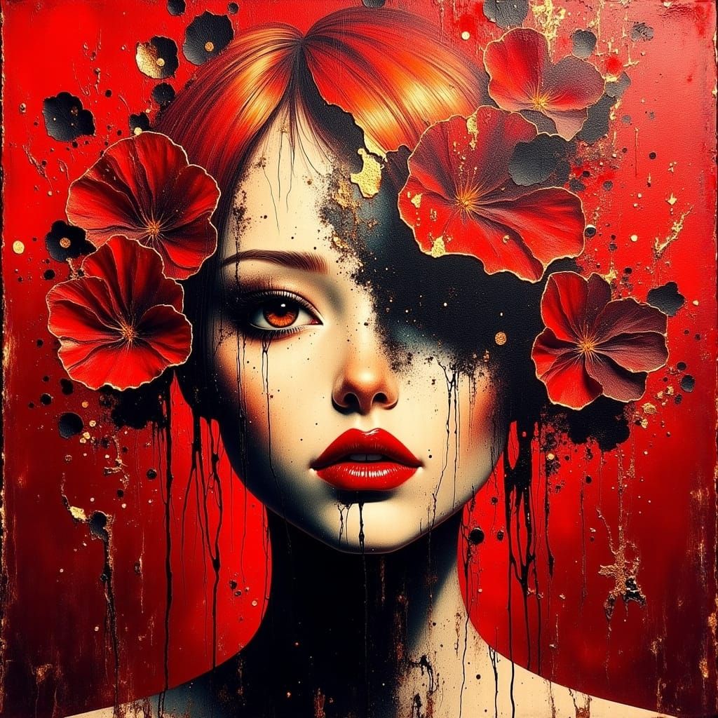 Ethereal Red Painting with Metallic Gold Accents in a Morbid...