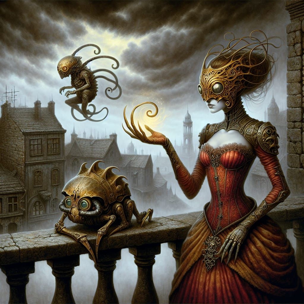 A mysterious sorceress stands on a worn stone balcony in a f...