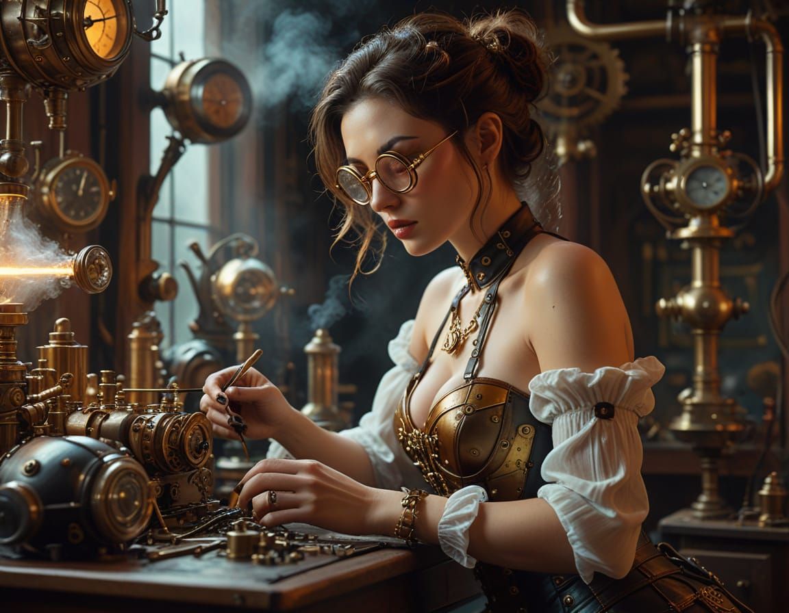 Steampunk Tinkerer in Dreamlike Atmosphere