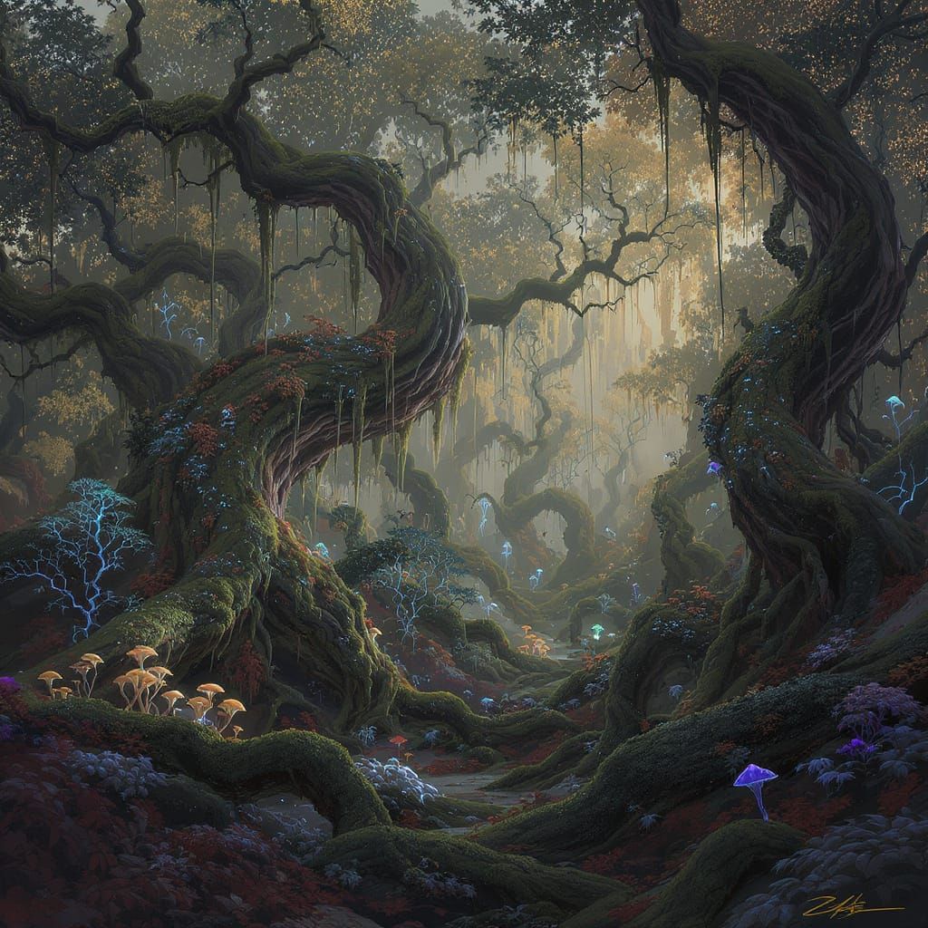 Mystical Forest with Ancient Trees in Digital Art Style