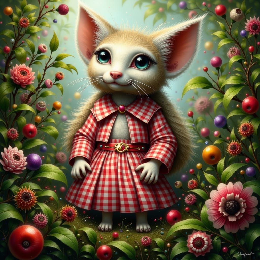 Fantastical Fae Amidst Lush Greenery in Whimsical Gingham Pa...