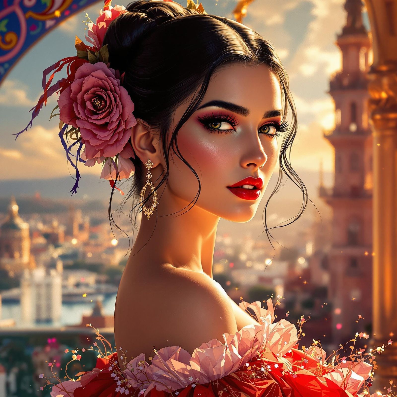 Flamenco Dancer in Barcelona with Ornate Flourishes