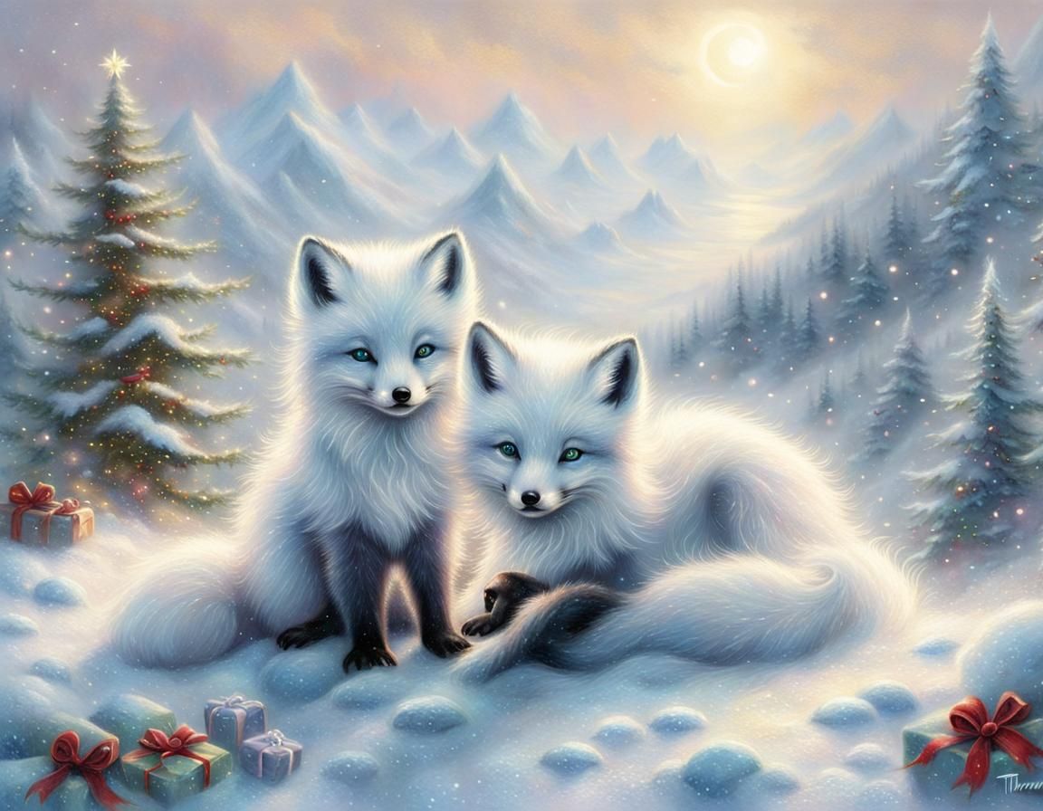 Cute Arctic Foxes Celebrate Christmas in Fantasy Style