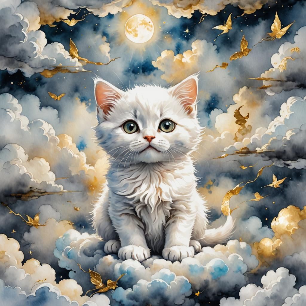 Cute Kitten in Heaven: Watercolour Kintsugi Art