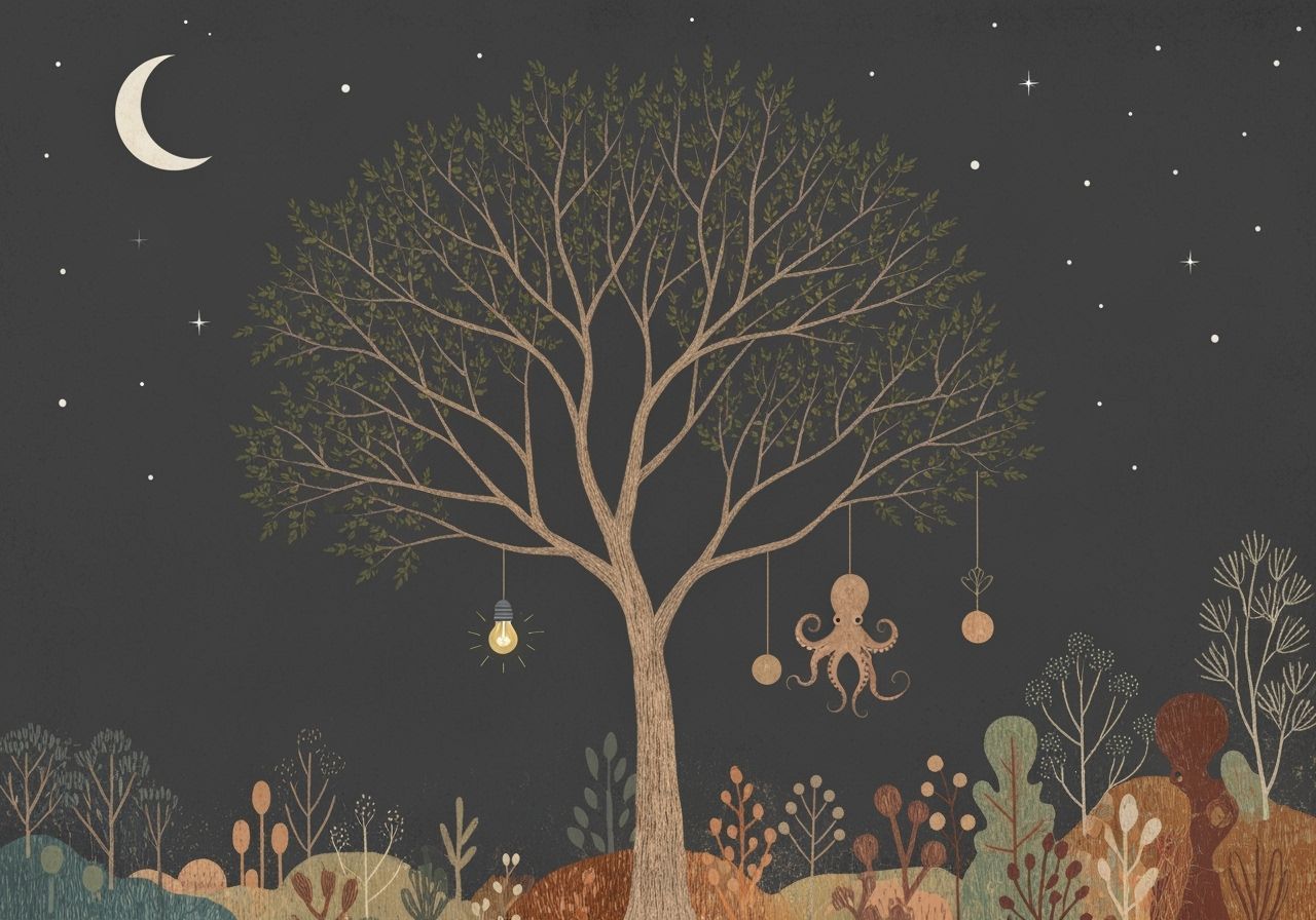 Dreamlike Nighttime Tree with Octopus and Moon in Folk Art S...