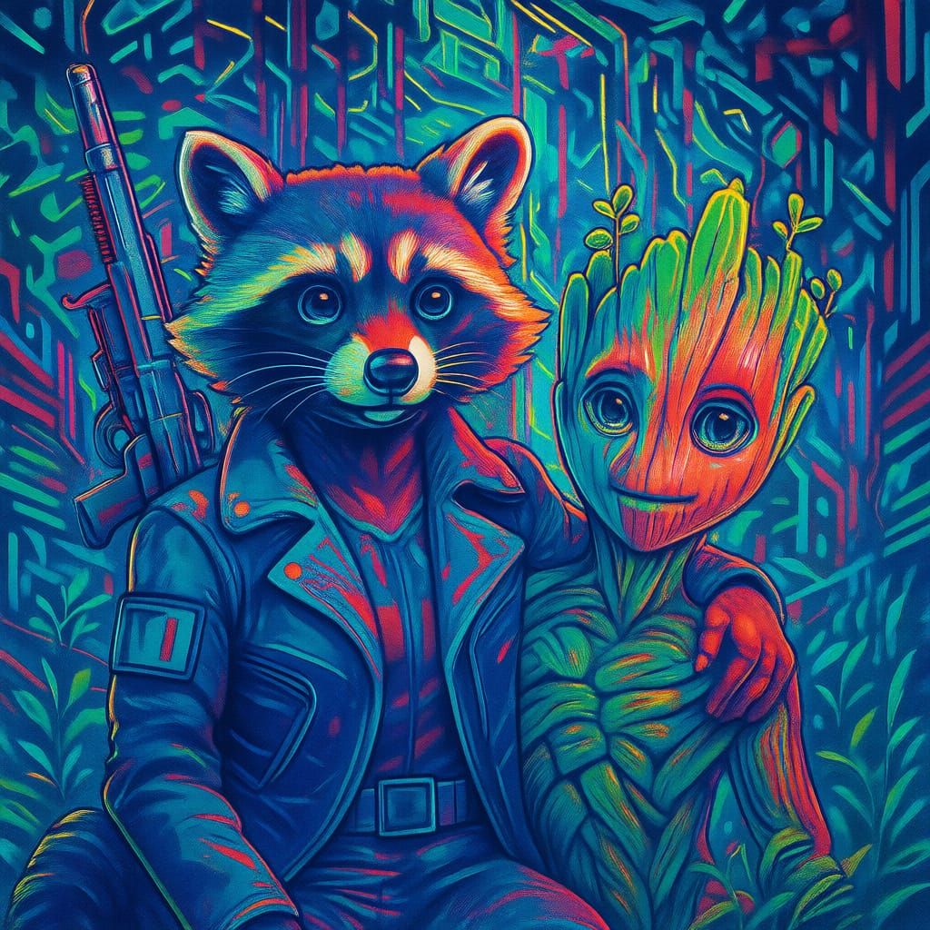 Tactical Raccoon and Flora Colossus in Neon Forest
