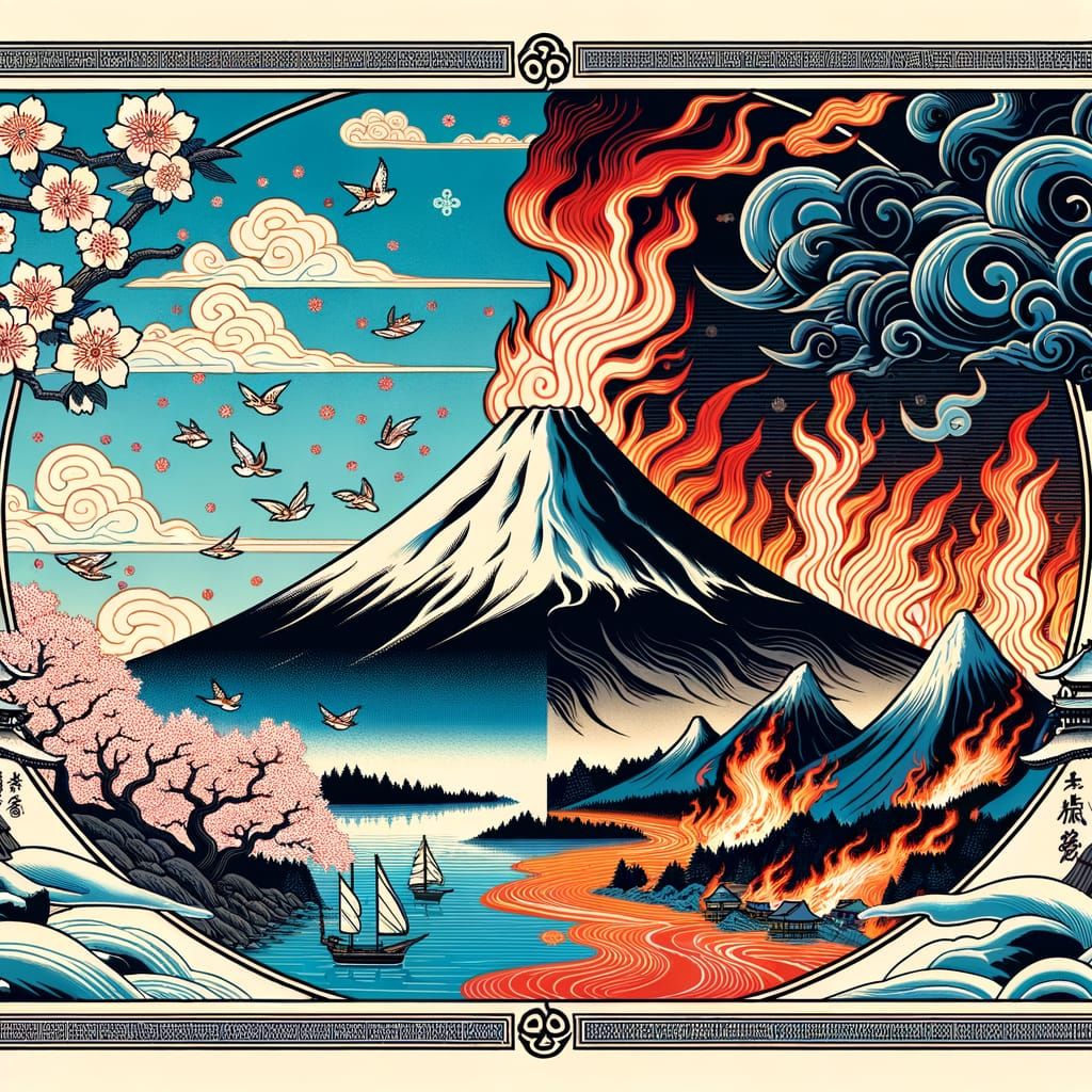 Mount Fuji Dual Nature in Ukiyo-e Style