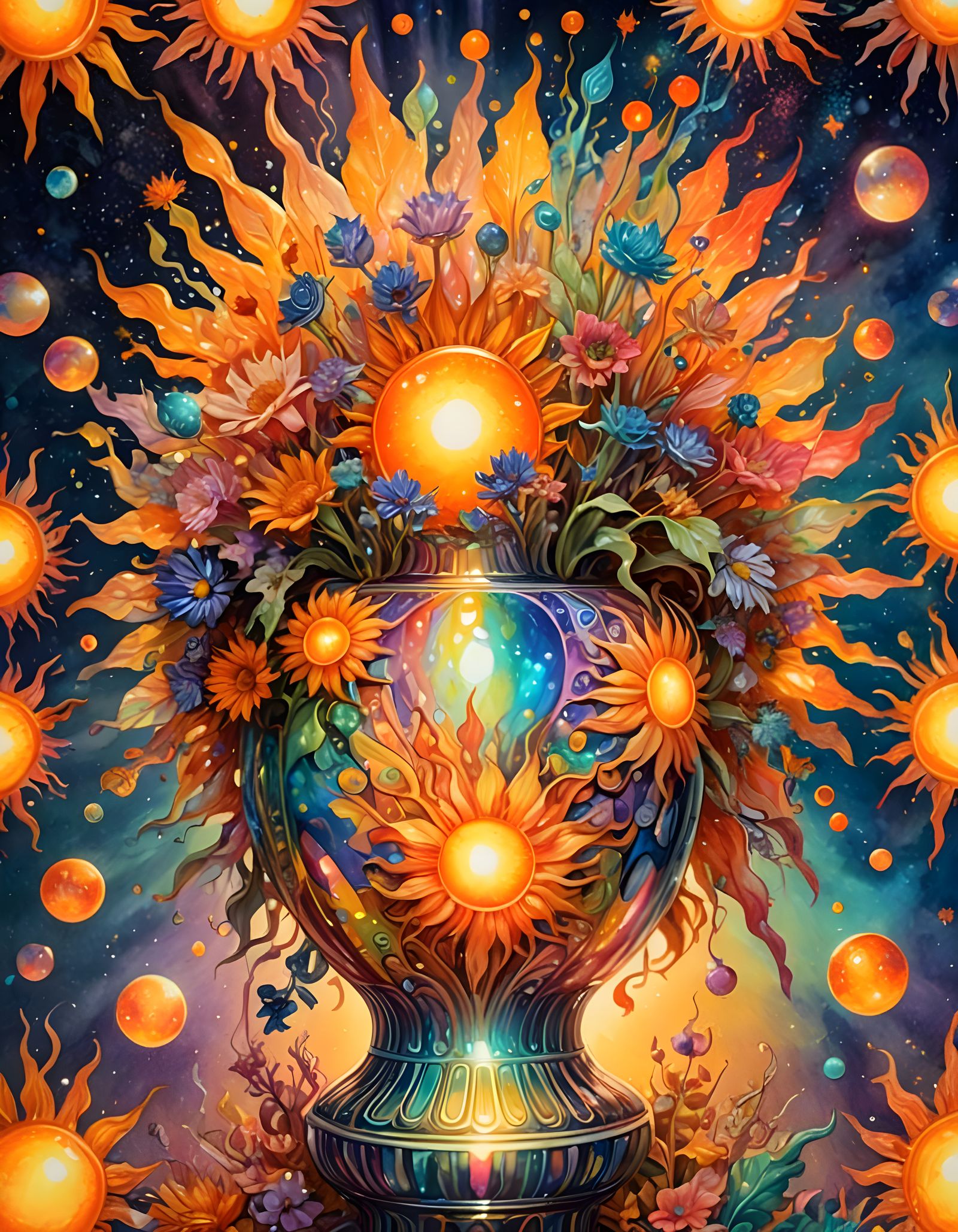 Vase decorated with hypermaximalist surreal photography
