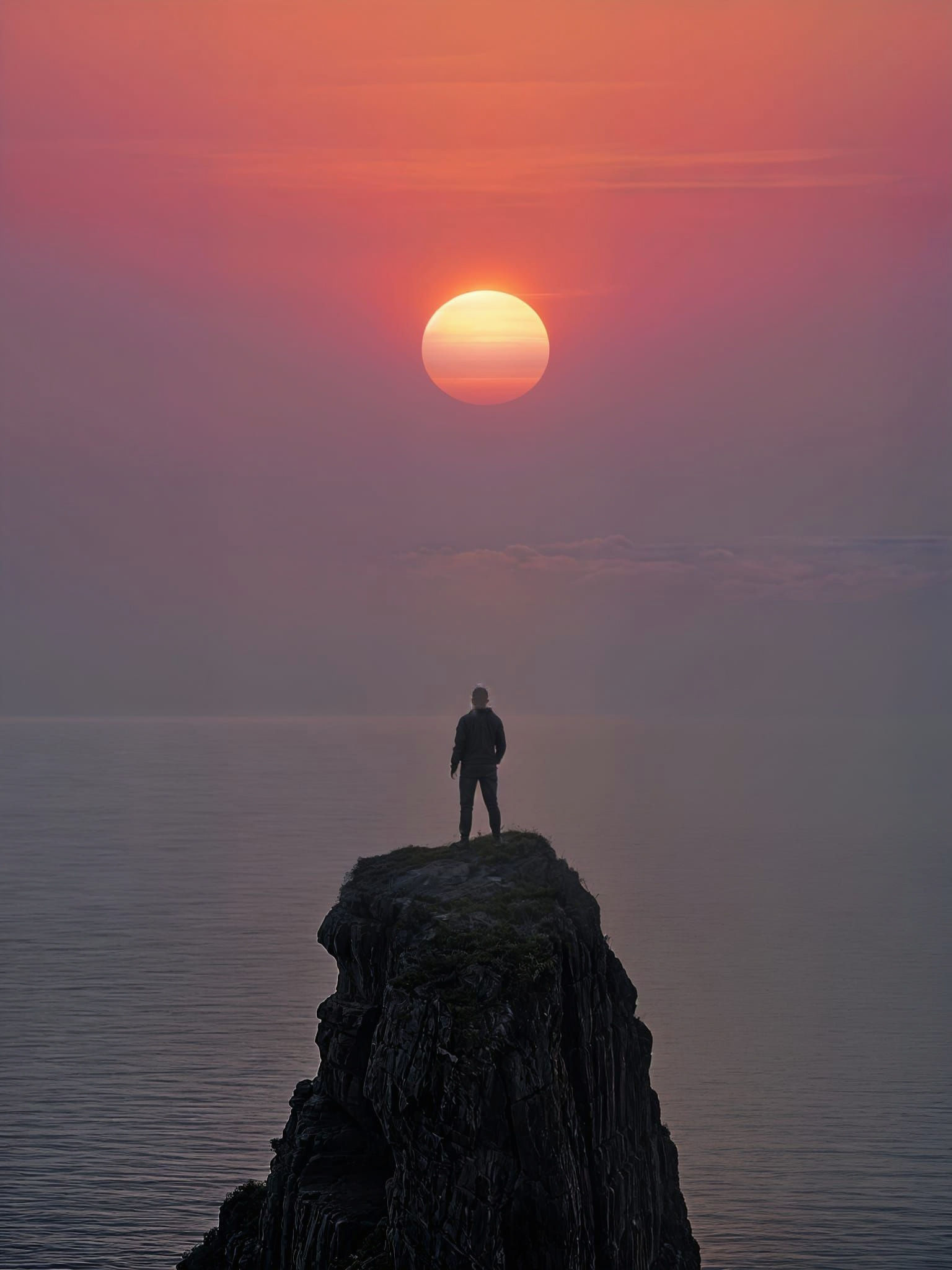 Silhouette Gazing at Sunset Over Tranquil Sea