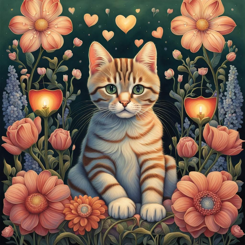 Cat on Pillow with Flowers in Visionary Art Style