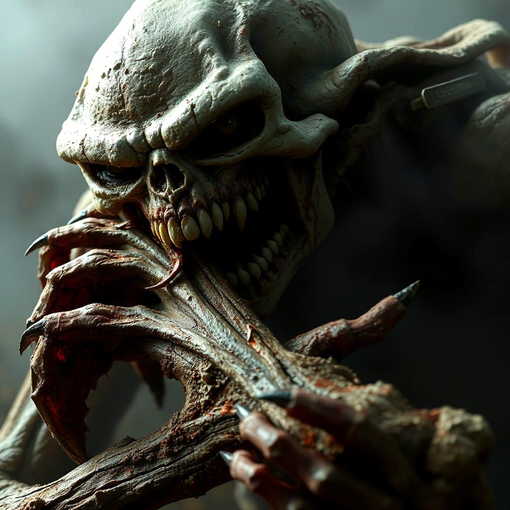 Hyperdetailed Ghoul Gnawing Bone in Photorealistic Horror