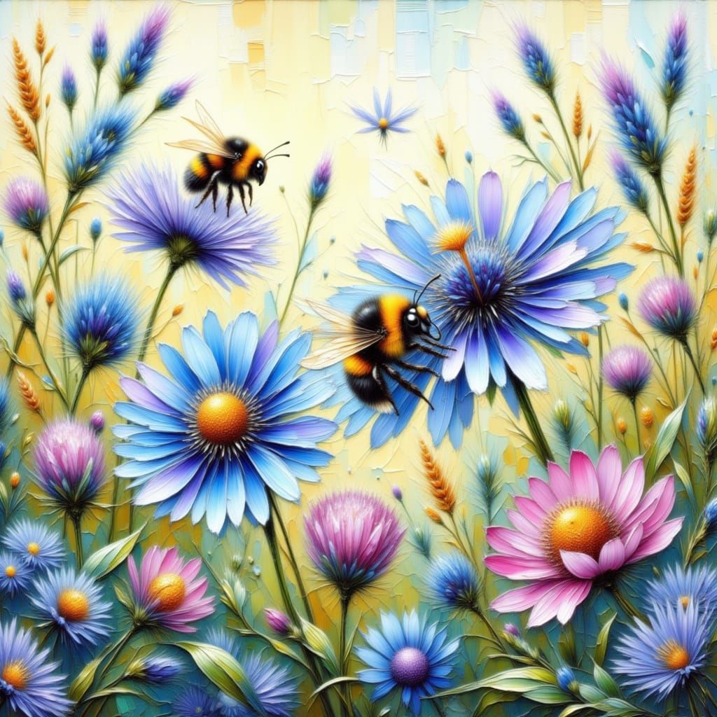 Vibrant Summer Meadow with Bumblebees in Watercolor Impasto