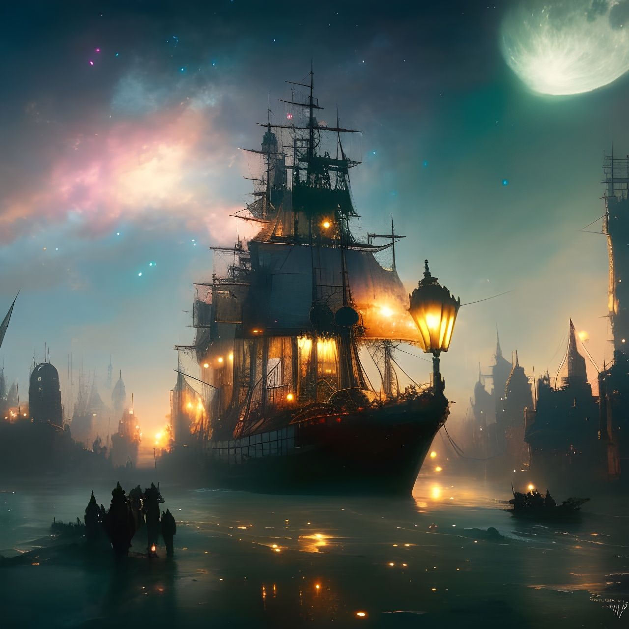 Steampunk Ship Soaring Through Starry Night Sky