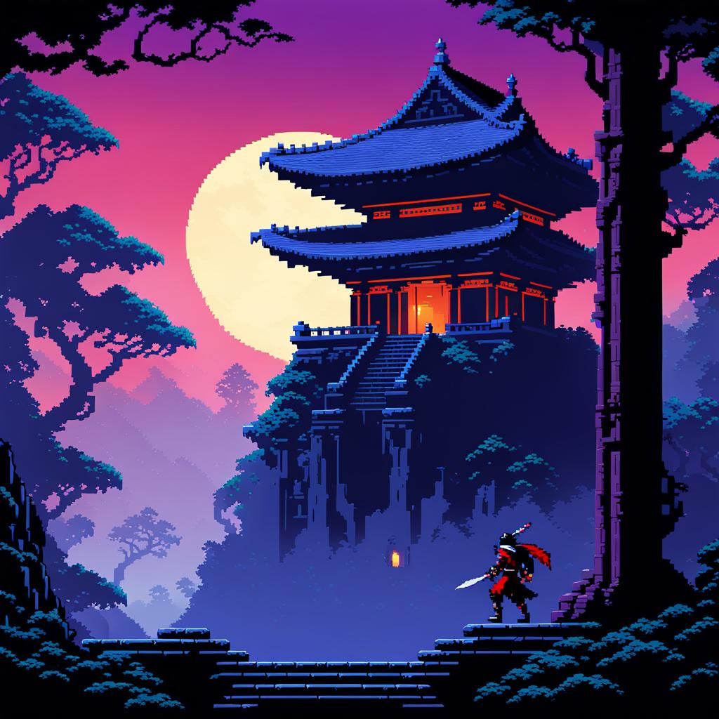 8-Bit Ninja Jumps Through Misty Temple