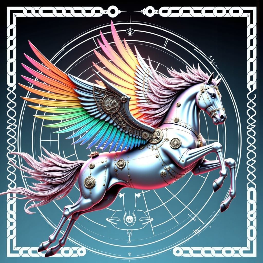 Steampunk Horse with Rainbow Wings in Art Nouveau Style